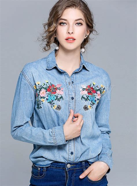 fashion blue embroidered denim blouse denim blouse womens denim shirt embroidered denim