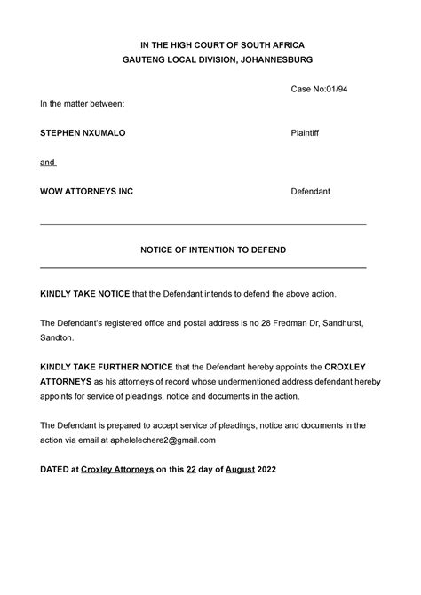 notice  intention  defend    high court  south africa gauteng local division