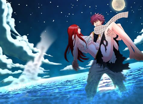 breasts clouds erza scarlet fairy tail long hair male moon natsu dragneel pink hair red eyes red