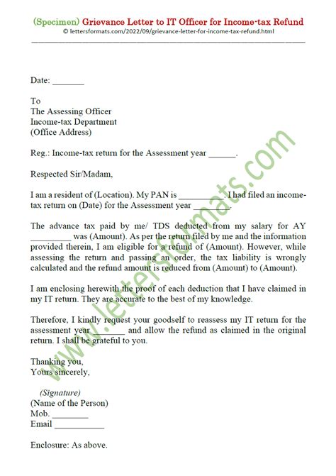 grievance letter format   officer  income tax refund