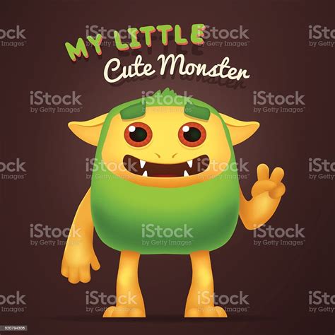 Cute Cartoon Green Alien Character With My Little Cute Monster Stock