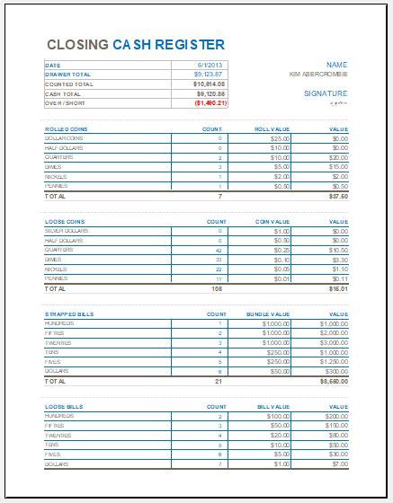 closing cash register template ms excel file