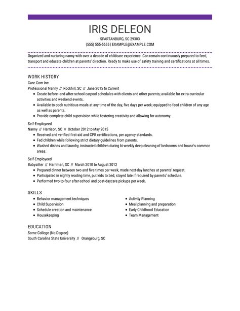professional nanny resume examples child care livecareer