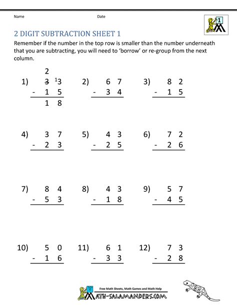 digit subtraction worksheets