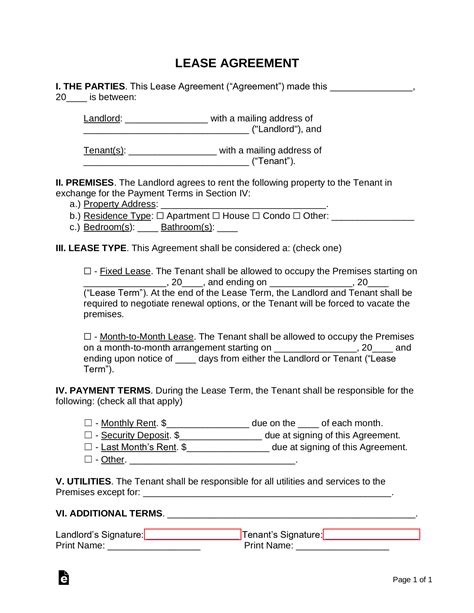 printable simple  page lease agreement printable templates