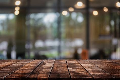 premium photo empty wood table top  abstract blurred restaurant