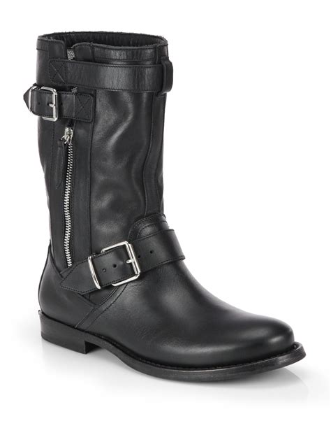 lyst burberry grantville leather buckle mid calf boots  black