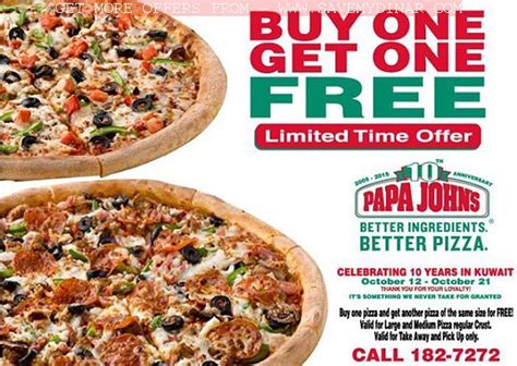 Papa Johns Kuwait Buy One Get One Free Offer