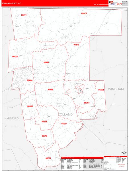 tolland county ct zip code wall map red  style  marketmaps mapsales