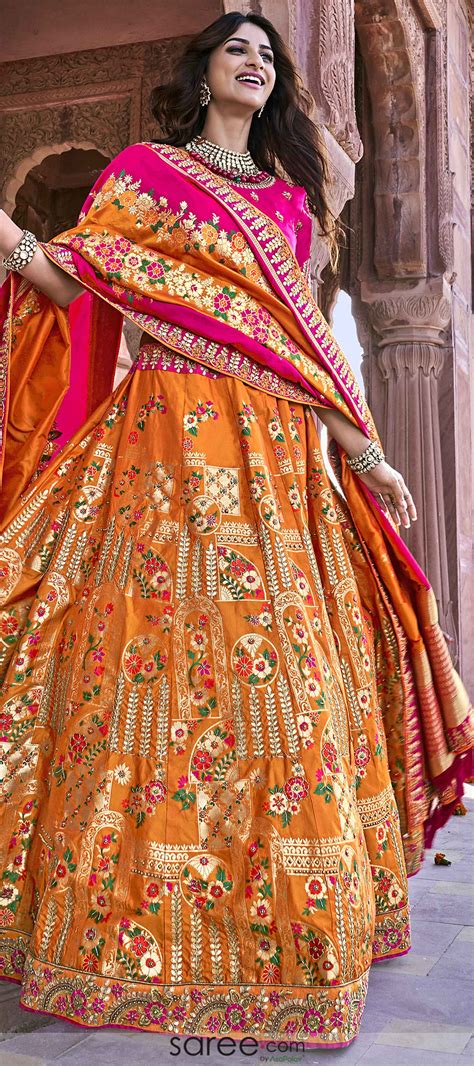 Orange Banarasi Silk Floral Lehenga Choli Combination Dresses Orange