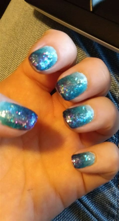 Light Blue Turquoise To Purple Sparkly Ombre Manicure