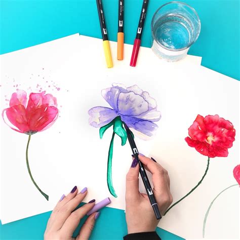 create watercolor flowers  markers watercolor brush