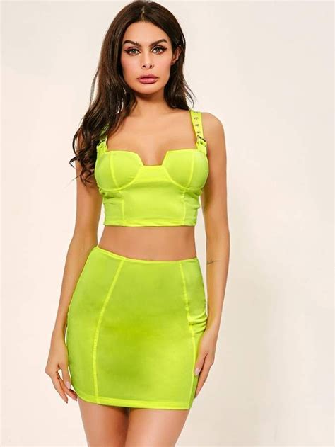 Shein Neon Lime Crop Top And Pencil Skirt Two Piece Outfit Two Piece