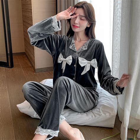 new autumn winter warm pajamas set long sleeve thicken women sleepwear