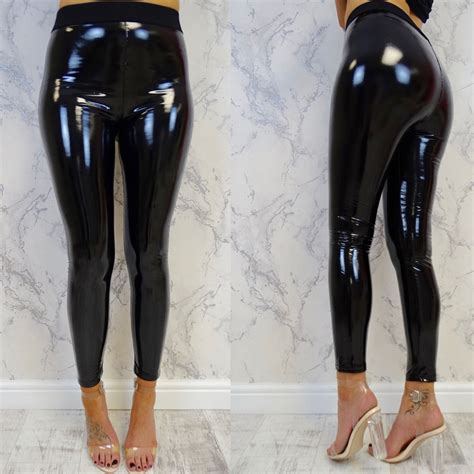 women vinyl pvc wet look high waist leggings pant shiny disco