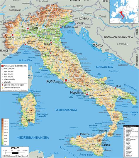 large detailed physical map  italy   cities roads  airports vidianicom maps