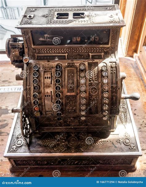 ancient mechanical cash register   museum editorial stock image