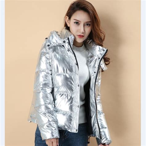 women winter jackets short warm coat silver metal color bread style  ladies parka winterjas