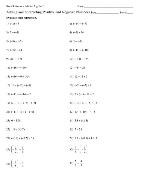 worksheet adding  subtracting positive  negative integers