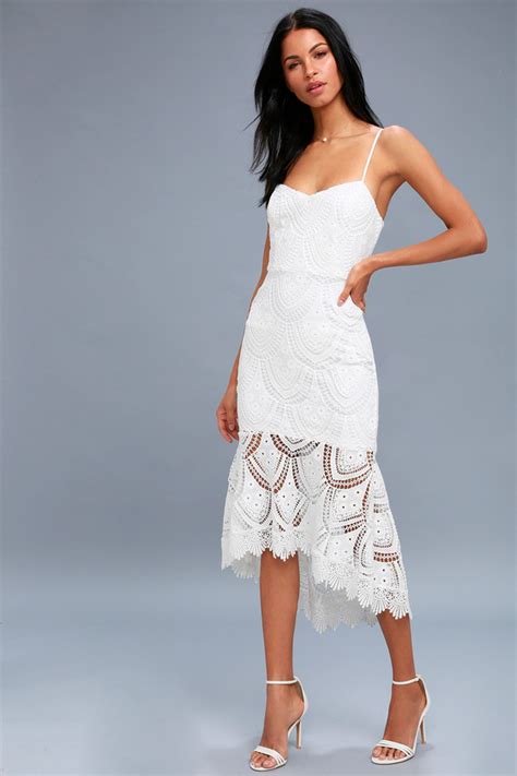pure passion white lace bodycon midi dress