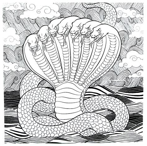 serpent   heads detailed coloring book page  adults coloring
