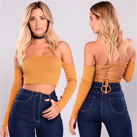Spring Summer New Sexy Off Shoulder Crop Top T Shirts Long Sleeved