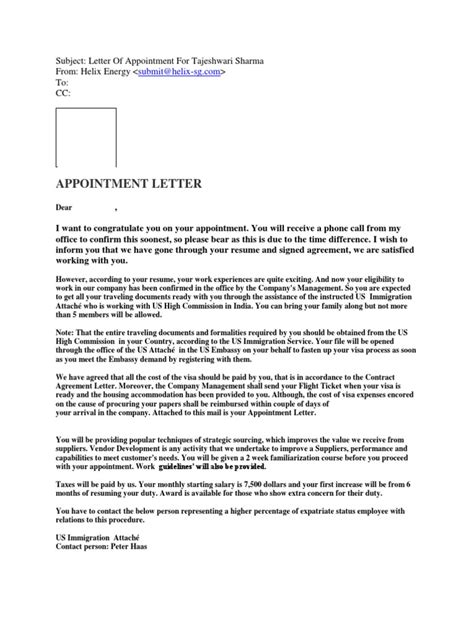 appointment letter travel visa employment