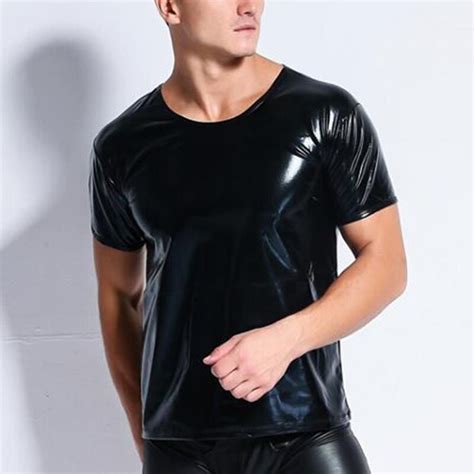 Xxl 섹시한 남성 특허 가죽 블랙 티셔츠 타이트 티셔츠 탑스 티셔츠 남성 젖은 모양 페티쉬 라텍스 Ds 나이트 클럽