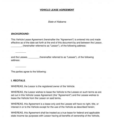 vehicle lease agreement template word