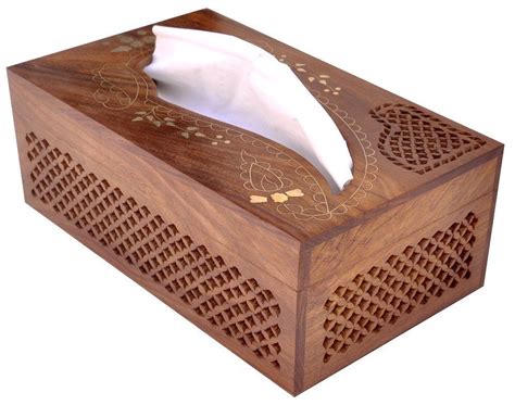 rectangular wooden tissue box cover dispenser  decorative brass inlay artisan crafted