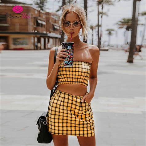 Wannathis Plaid 2 Piece Set Tube Top Skirts Women Strapless Ruched Crop