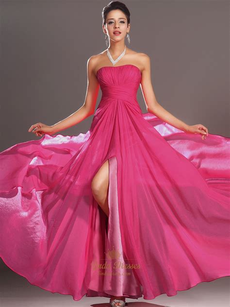 Hot Pink Strapless Chiffon Side Split Prom Dresses With