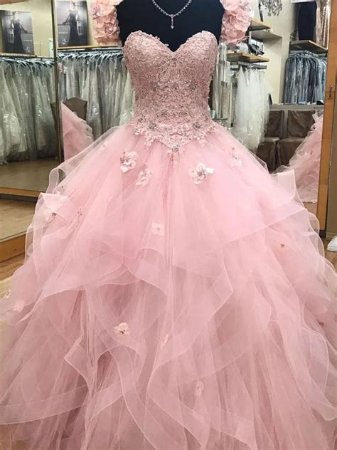Pink Sweetheart Tulle Long Prom Gown Pink Sweet 16 Dress M3014 Sweet