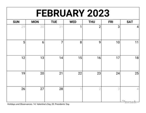 february  calendar  printable  holidays