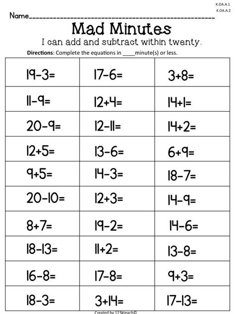 mad minutes add subtract   common core oac oac oa
