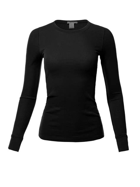 ay ay womens basic solid fitted long sleeve crew neck thermal top shirt black  walmart