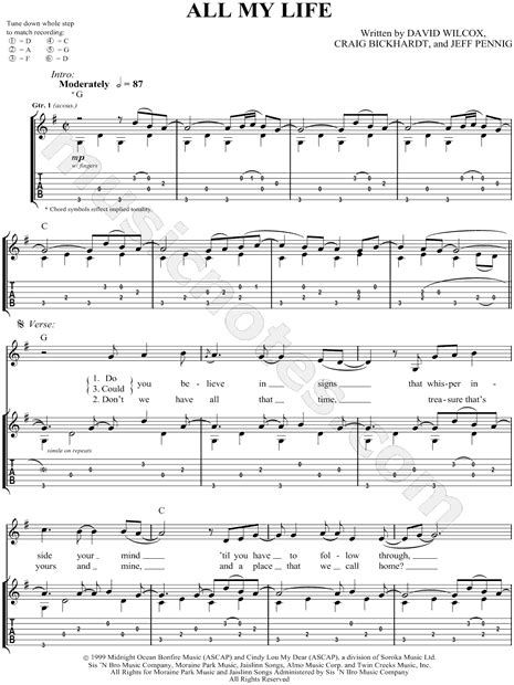 david wilcox all my life guitar tab in g major