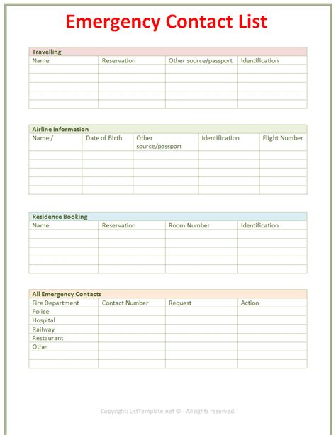 printable emergency contact list template printable templates