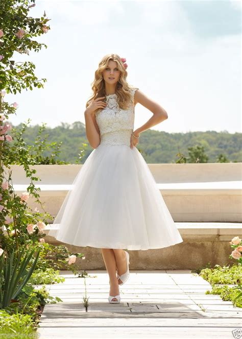 whiteivory lace tulle tea length bridal gown wedding dress size       ebay tea