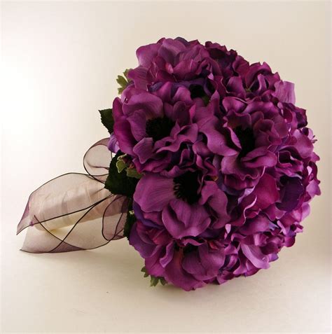 silk flower bridal bouquet purple anemones black centers