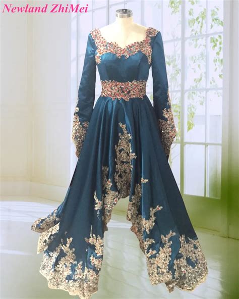 hot sale arabic long evening dresses  avondjurken gala jurken crystal applique long sleeves