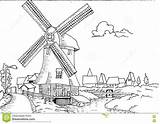 Mill Dutch Landscape Coloring Drawn Pages Hand Adult Template Book Watermill Designlooter Illustration Preview sketch template