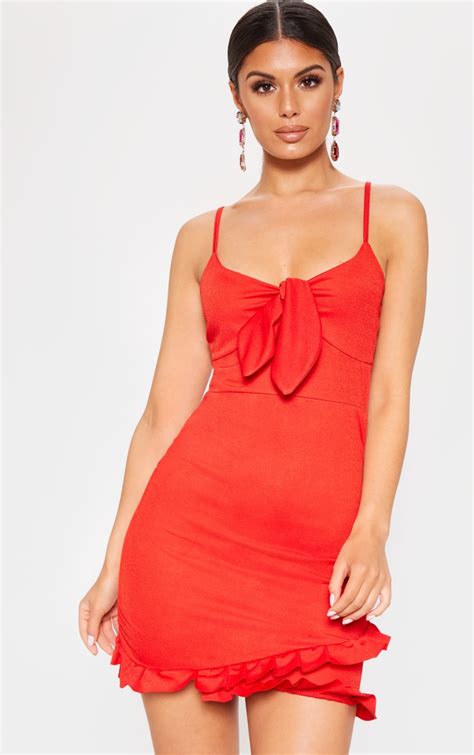 Red Tie Front Strappy Ruched Bodycon Dress Prettylittlething
