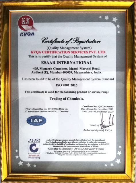 certificate  registeration quality management system iso   esaar