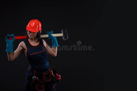 Sex Equality And Feminism Girl In Safety Helmet Holding Hammer Tool