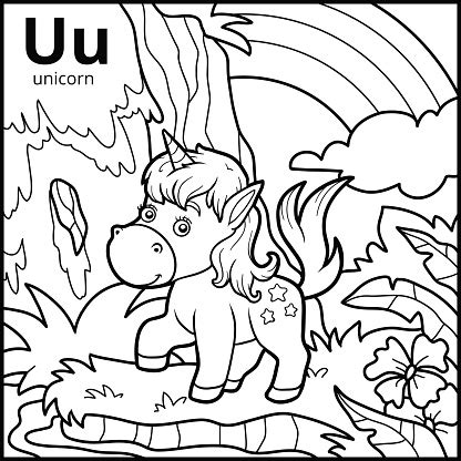 coloring book colorless alphabet letter  unicorn stock illustration