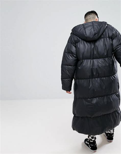 asos synthetic super longline oversized puffer jacket  hood  black  men lyst