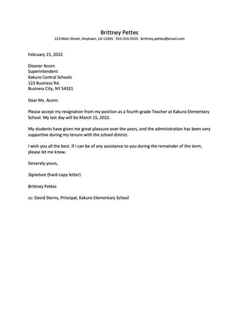 teacher resignation letter examples