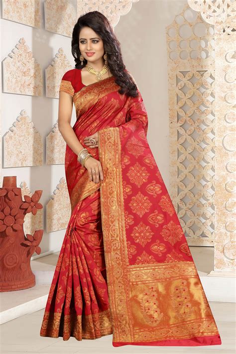 buy  red colour designer kanjivaram silk saree saree wedding hot blouse pattu