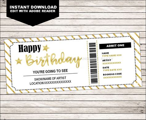 concert ticket birthday gift printable template surprise concert show band gift certificate
